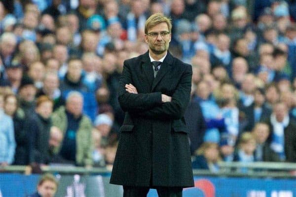 LONDON, ENGLAND - Sunday 28 February 2016: Liverpool manager Jurgen Klopp during the League Cup final against Manchester City at Wembley Stadium.  (pic David Rawcliffe/publicity)