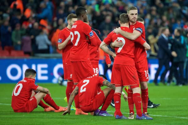 LONDON, England - Sunday 28 February 2016: Liverpool captain Jordan Henderson and his teammates looked dejected after losing in a penalty shootout to Manchester City during the Football League Cup final at Wembley Stadium.  (pic David Rawcliffe/publicity)