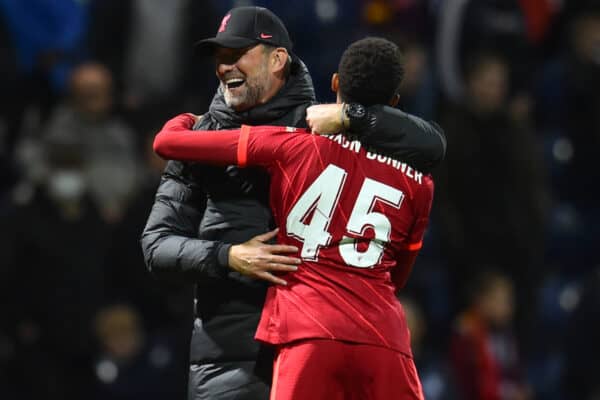 Preston, England - Wednesday, October 27, 2023: Liverpool manager Jurgen Klopp hugs Elijah Dixon-Boehner after the League Cup fourth round match between Preston North End and Liverpool at Dibdel.  (pic David Rawcliffe/publicity)