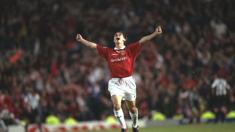 Gary Neville celebrates a goal in Manchester United's 3-2 win over Juventus at Old Trafford