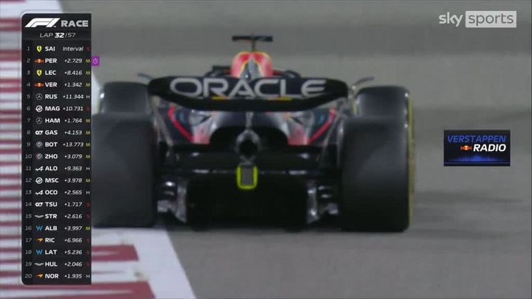 Verstappen is venting his frustration with the team radio after feeling he missed an opportunity to pass Leclerc.
