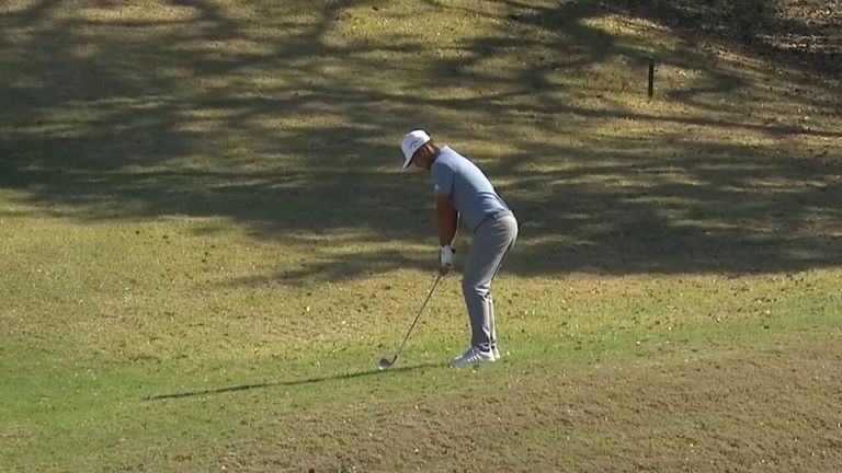 Xander Schauffele loses his ball onto a wooden crack as he approaches par-5 12 in the WGC World Matchplay.