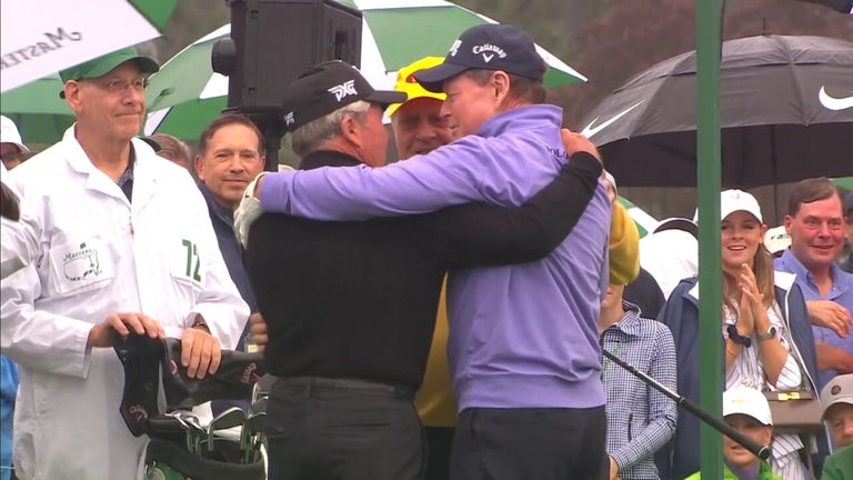 Gary Player, Jack Nicklaus, and, for the first time, Tom Watson, kick off The Masters tournament with traditional titular tee shots