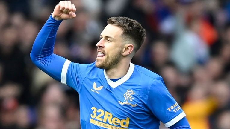 Rangers'  Aaron Ramsey celebrates after making the score 1-0