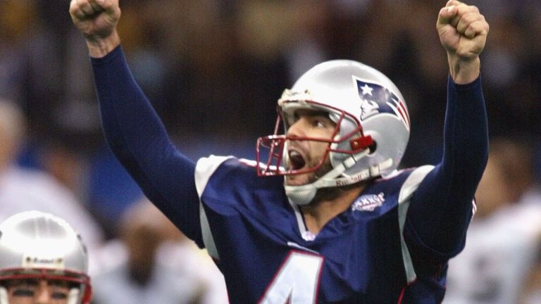 Patriots football player Adam Vinatieri celebrates as he fires through award-winning field goal at Super Bowl XXXVI
