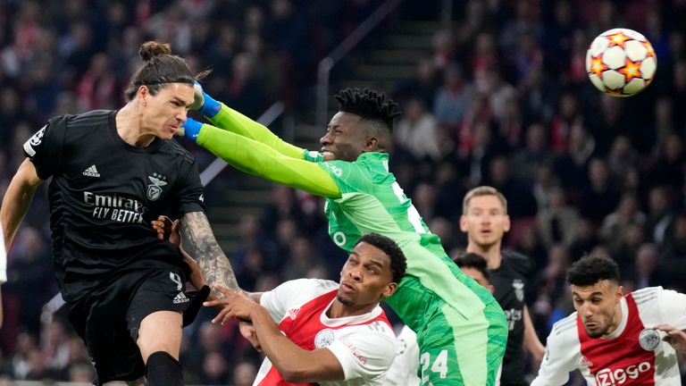 Darwin Nunez Benfica scored the opening goal for his team during the Champions League, round of 16, the second leg match between Ajax and Benfica at the Johan Cruyff Arena.