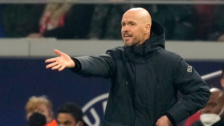 Ajax coach, Erik ten Hag, gives instructions to his players during the UEFA Champions League, Round of 16, second leg match between Ajax and Benfica at the Johan Cruyff Arena.
