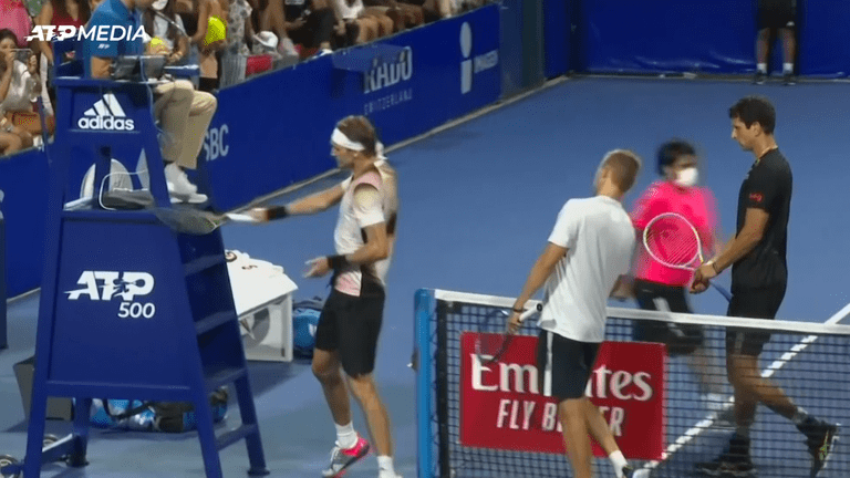Alexander Zverev was withdrawn from the Mexico Open after smashing the referee's chair several times with his racket (Images: Amazon Prime Video)