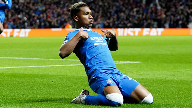 Rangers Alfredo Morelos celebrates scoring his second goal for his team