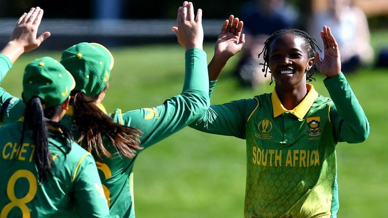 Ayabunga Khaka celebrates one of her four points in South Africa's inaugural win over Bangladesh at the Women's World Cup