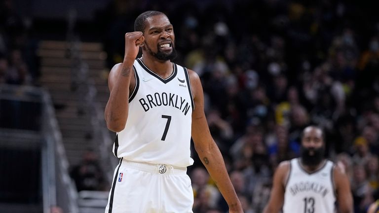 Kevin Durant scored 39 points to lead the Brooklyn Nets, who debuted Kyrie Irving this season, over the Indiana Pacers 129-121.