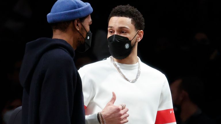 Brooklyn Nets'  New star Ben Simmons, right, chats with Kevin Durant
