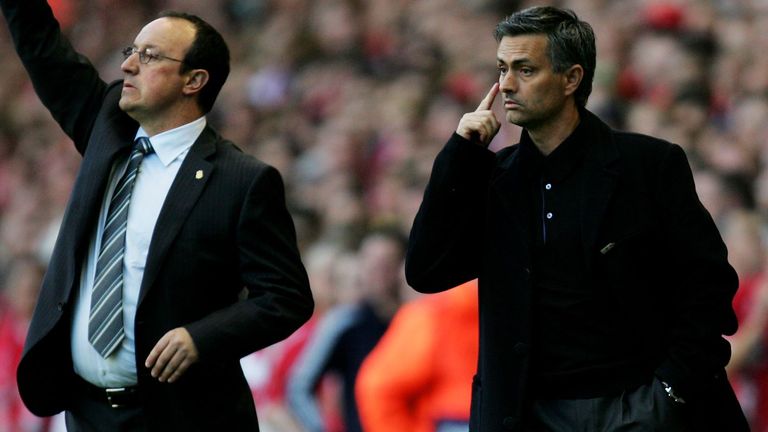 Rafa Benitez and his Chelsea counterpart Jose Mourinho (right) on the touchline at Anfield on behalf of the Blues.  Four dreams ended in the second leg of the 2007 UEFA Champions League semi-finals