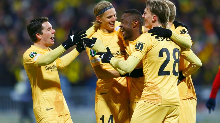 Bud.. 20230407..bud.. / Glemit Hugo Wittelsen, Ulrik Saltnis, Bryce Wimpangomo Ranar Esbjord and Elias Kristoffersen Hagen celebrate after scoring during the Europa League quarter-final between Bud.. / Glimt and Roma at Aspmera Stadium.. Photo: Mats Torbersen / NTB