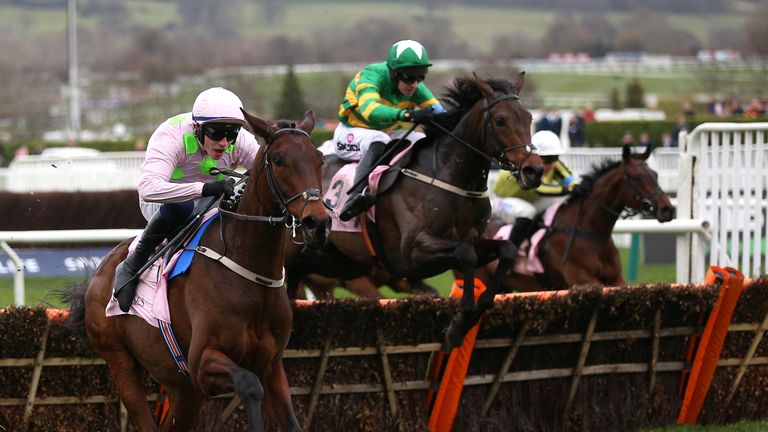 The Brazil (green cap) chases the Gaelic Warrior (in pink) at the Boodles Juvenile Handicap Hurdle in Cheltenham