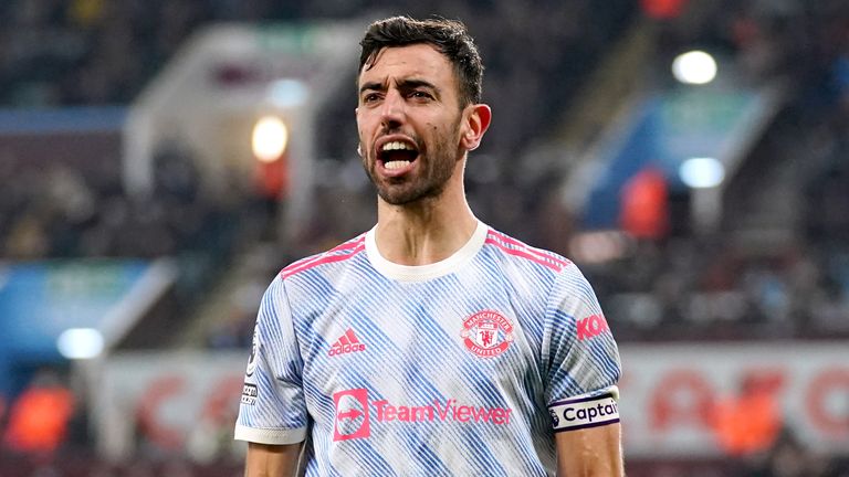 Bruno Fernandes celebrates after doubling Manchester United's advantage at Villa Park