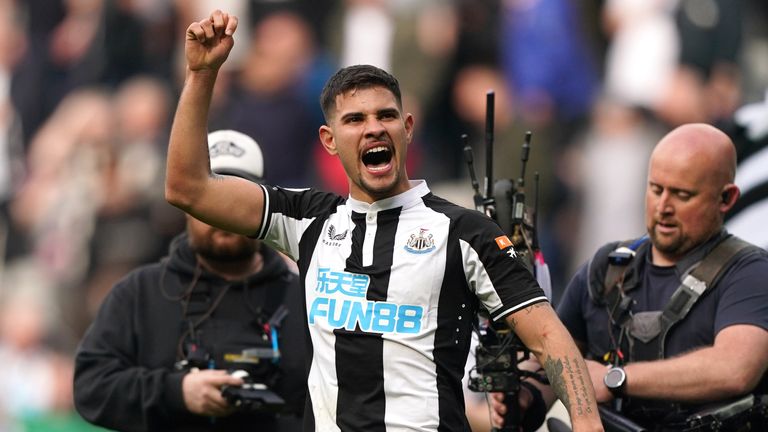 Match winner Bruno Guimarães celebrates Newcastle's recent 2-1 win over Leicester City