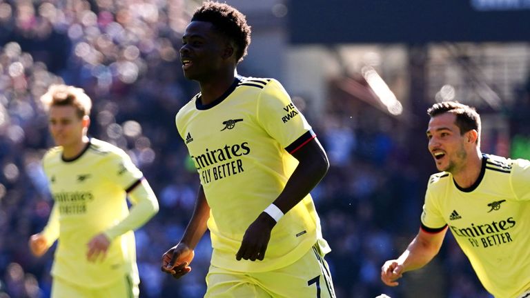 Arsenal Bukayo Saka celebrates his inauguration at Villa Park