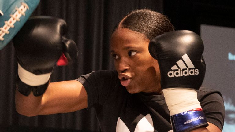 BOXXER MEDIA WORKOUTS.GLAZIERS HALL, .LONDON.PIC;  LAWRENCE LUSTIG.CAROLINE DUBOIS OFFERS MEDIA TRAINING IN PREPARATION FOR PROMOTIONS BOXXER Boxing Night at WEMBLEY ARENA NOVEMBER 20th.