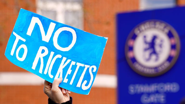 Chelsea fans protest outside the stadium against possible sale of the club to the Ricketts family