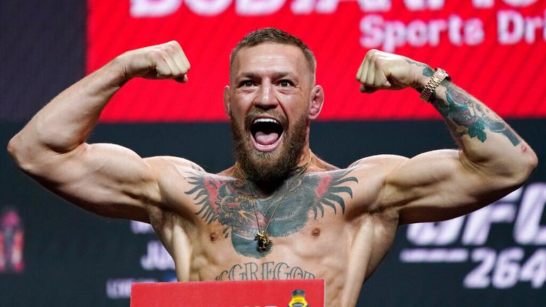 Conor McGregor poses during a festive weight ceremony at the UFC 264 mixed martial arts match on Friday, July 9, 2023, in Las Vegas.  McGregor is set to fight Dustin Poirier in a lightweight bout Saturday in Las Vegas (AP Photo/John Locher)