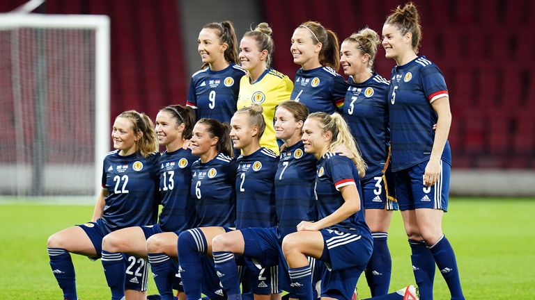 Scotland's Corsi (middle, back row) and Emsley (bottom right) before their World Cup qualifier match against Hungary 