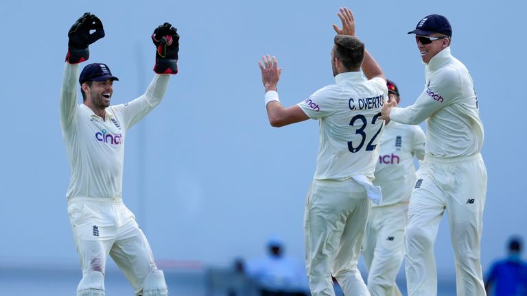 Ben Fox and Craig Overton celebrate the dismissal of John Campbell of the West Indies