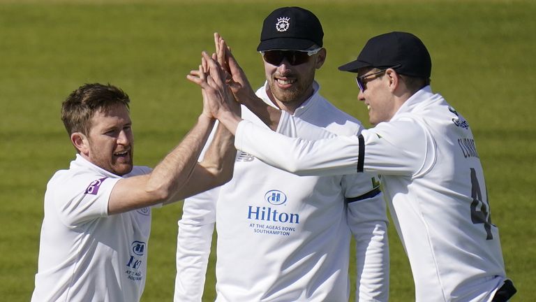 Hampshire celebrates Pickett Liam Dawson (left) on his way to an inning victory over Somerset
