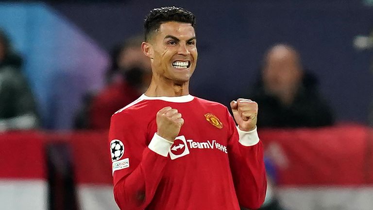 Cristiano Ronaldo celebrates after scoring Manchester United's goal against Atalanta
