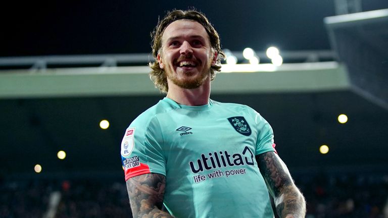Danny Ward Huddersfield Town celebrates scoring his team's second goal against West Bromwich Albion