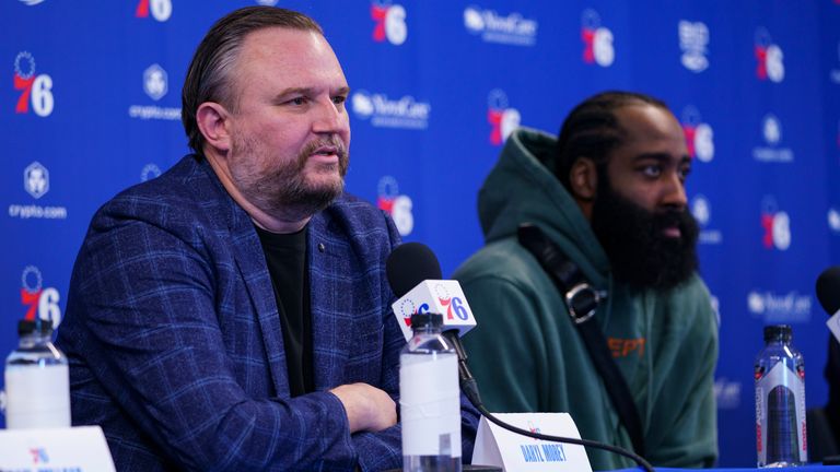 Daryl Morey speaking to the media as James Harden was introduced as a Philadelphia 76ers player