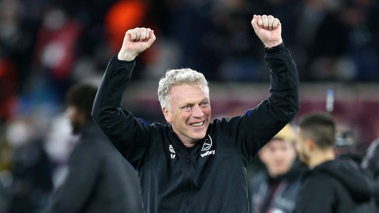 West Ham United manager David Moyes celebrates his victory after the UEFA Europa League Round of 16 in the second leg at the London Stadium.  Photo date: Thursday, March 17, 2023.