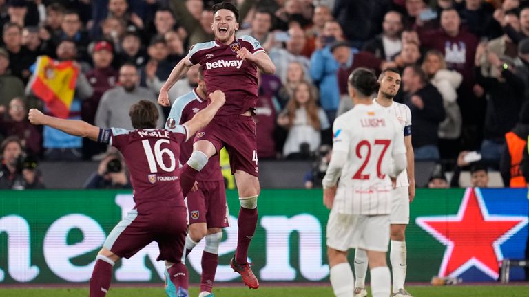 Declan Rice kicks off the celebrations against Seville