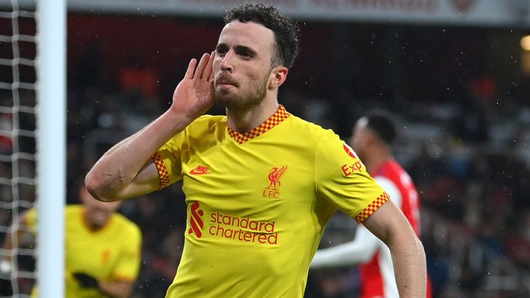Diogo Jota celebrates after opening the scoring for Liverpool in the UAE