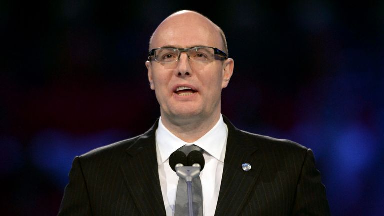 President and CEO of the Sochi 2014 Organizing Committee Dmitry Chernychenko speaks at the opening ceremony of the 2014 Winter Olympics