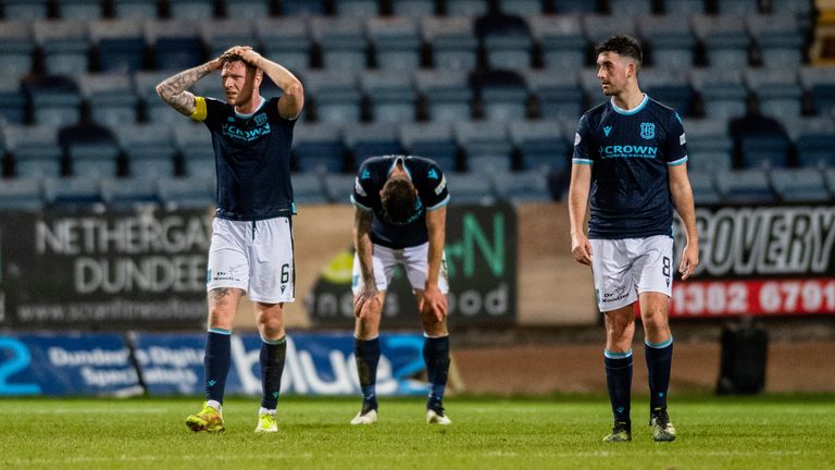 Dundee, Scotland - MARCH 9: Dundee players get frustrated all the time during the Premier League match between Dundee and St Mirren at Kilmac Stadium in Deans Park, on March 09, 2023, in Dundee, Scotland.  