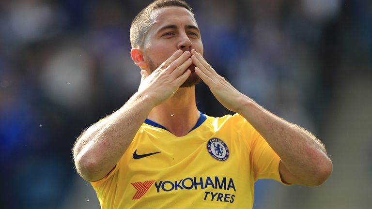Chelsea's Eden Hazard acknowledges the fans after the final whistle during the Premier League match at King Power Stadium, Leicester.  photo.  Photo date: Sunday, May 12, 2019. Watch the story of the Palestinian Authority SOCCER Leicester.  Must read photo credit: Mike Egerton/PA Wire.