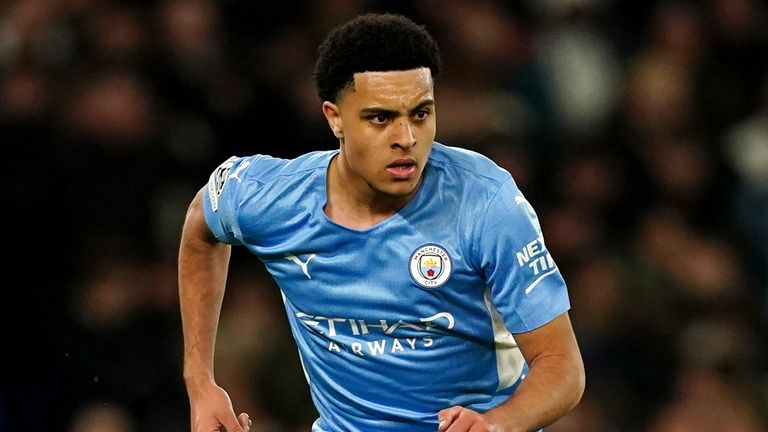 CJ Egan-Riley in a match against Sporting Lisbon at the Etihad Stadium