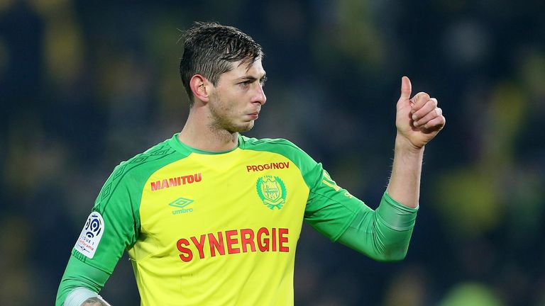 In this January 14, 2018, photo taken, Argentine footballer Emiliano Sala of FC Nantes, western France, gives his thumbs up during a football match against Paris Saint-Germain in Nantes, France.