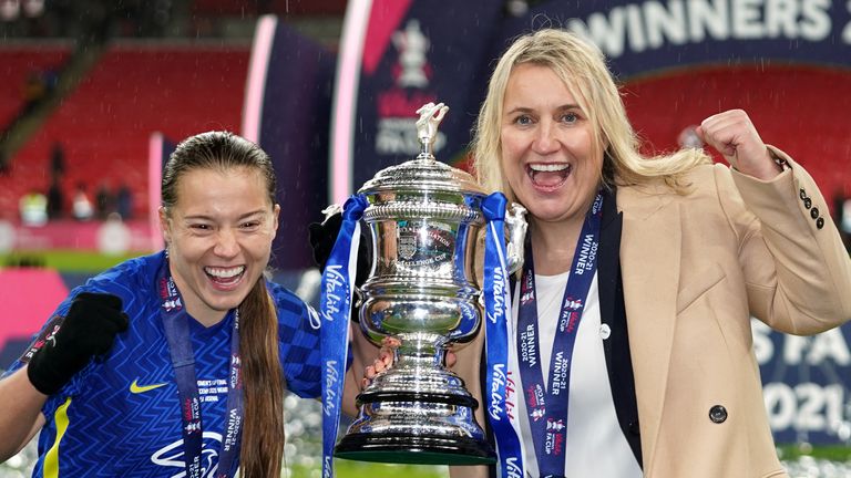 Fran Kirby and Emma Hayes of Chelsea celebrate the FA Cup
