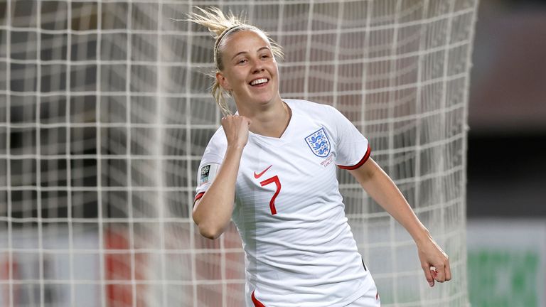 England's Beth Meade celebrates after scoring against North Macedonia in the World Cup qualifiers 