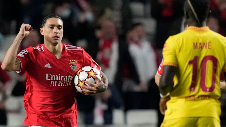 Benfica midfielder Darwin Nunez celebrates after scoring against Liverpool