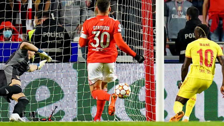 Sadio Mane Liverpool (right) scores his team's second goal against Benfica