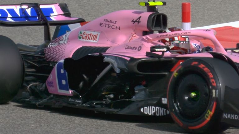 The lateral side on the Alps at Esteban Ocon was cut early in the first practice, resulting in a red flag