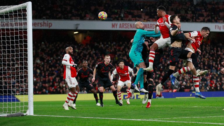 Gabriel leads Arsenal to a 3-0 lead (AP)