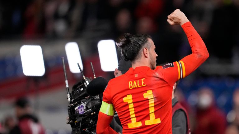 Wales&#39; Gareth Bale celebrates after the World Cup 2023 playoff soccer match between Wales and Austria at Cardiff City stadium, in Cardiff, Britain, Thursday, March 24, 2023. Wales won 2-1. (AP Photo/Matt Dunham)