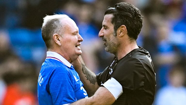 GLASCOW, SCOTLAND - MARCH 26: Rangers Paul Gascoigne and Luis Figo during the Rangers Legend match between Rangers Legends and Worlds Legends at Ibrox Stadium, on March 26, 2023, in Glasgow, Scotland.  (Photo by Rob Casey/SNS Group)