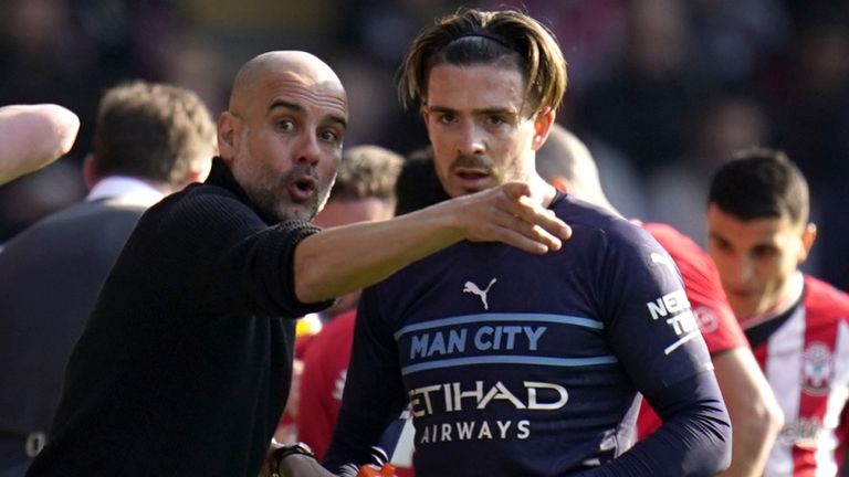 Pep Guardiola instructs Jack Grealish during Manchester City's FA Cup quarter-final win over Southampton
