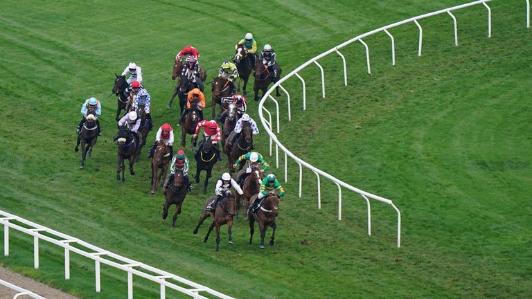 Adagio (green and red) turns home straight at Cheltenham in fourth place behind winner Greatwood West Cork (black and white)
