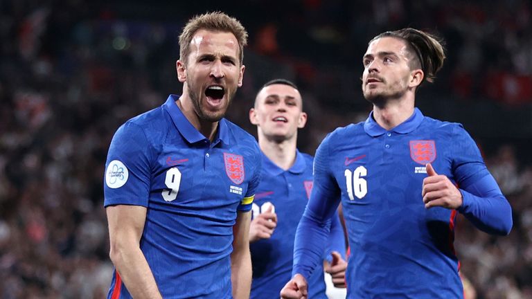 Harry Kane celebrates after giving England the lead with a penalty